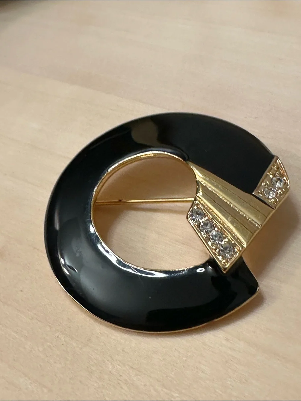 Vintage Monet Black Enamel Rhinestone Art Deco Revival Brooch